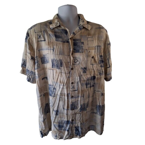 Batik Bay Button Up Shirt XLT Short Sleeve Beige Abstract Beach Tropical Rayon - Picture 1 of 7